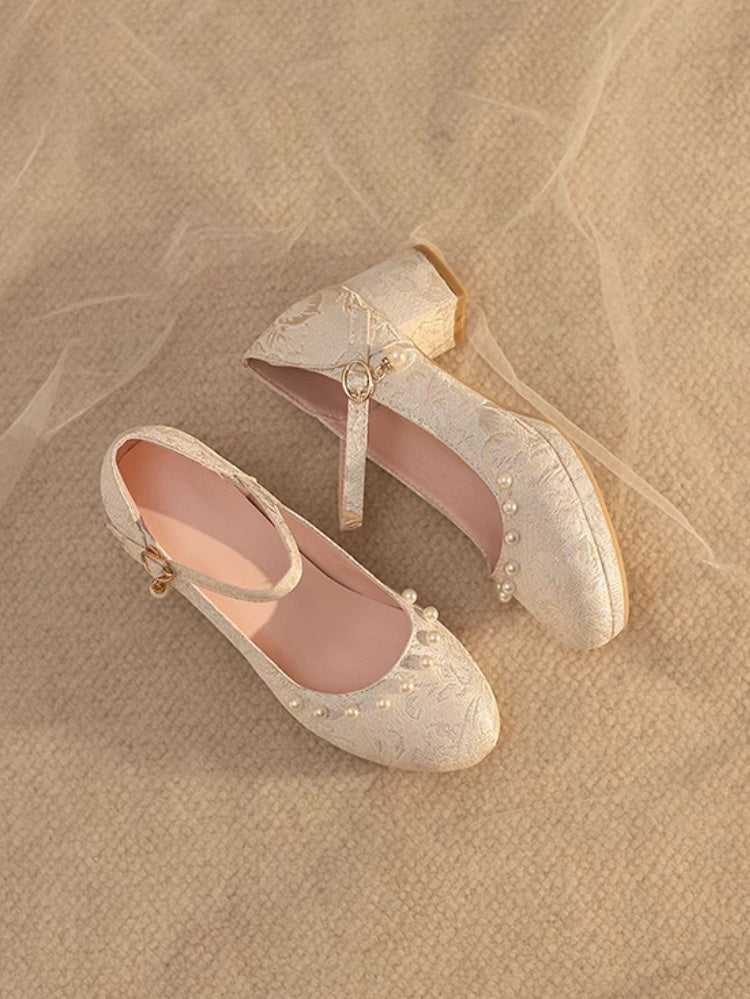 Beige Heels Muster Lolita Floral Block Mid Details Perlen Qi Satin -