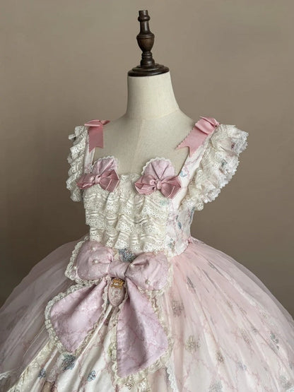 Sweet Lolita JSK Dress Set with Kawaii Bear Ears, Open Back Hem and Floral Print - Treasure House