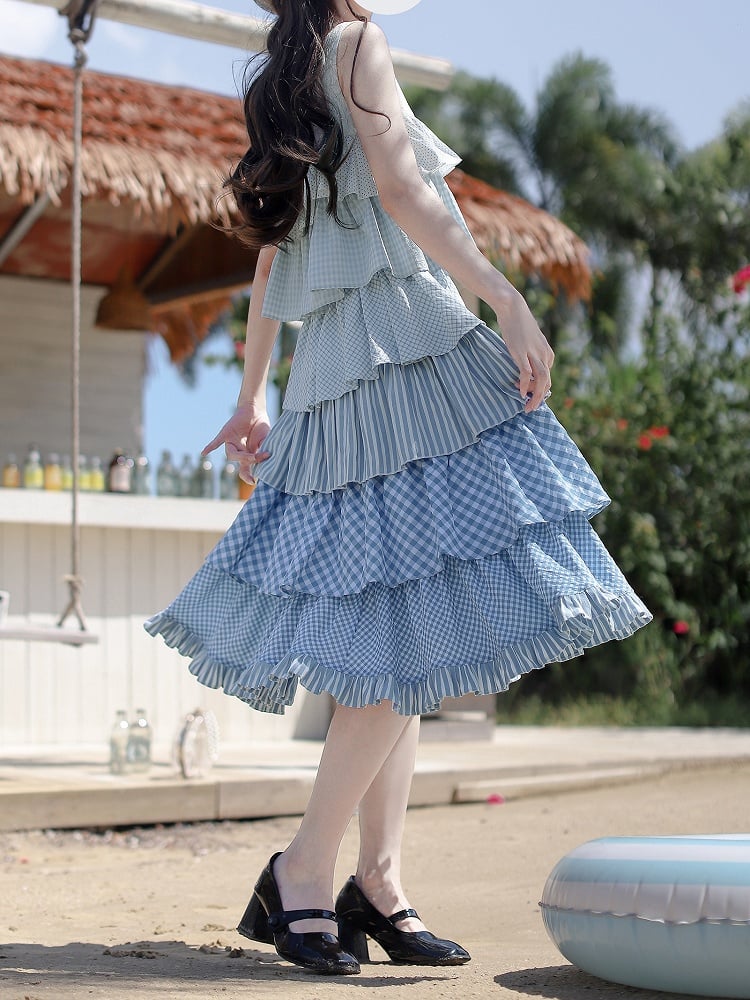 Blue with Patchwork Holiday Waist Sleeveless Dress Tiered Skirt Belt