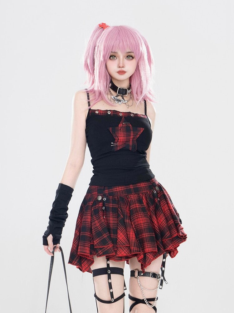 Applique Cami Mini Red Star Plaid Top Tiered With + Black Skirt