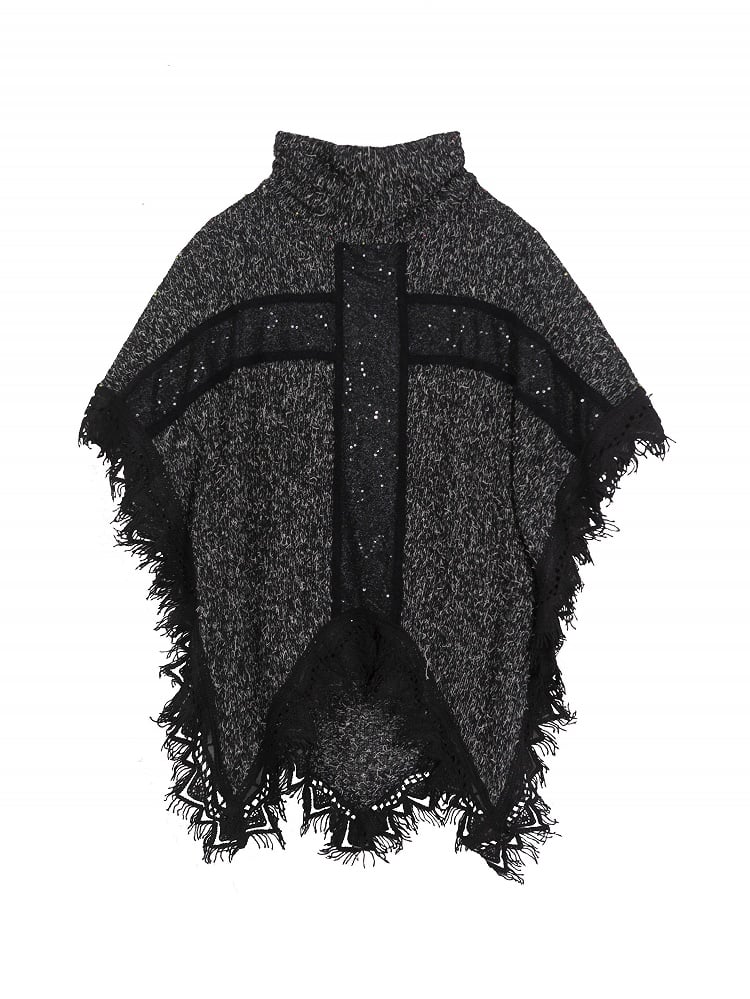 Cross Black Motif Raw Cape Punk and with Vintage Hem