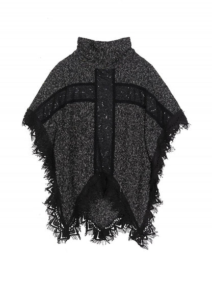 Cross Black Motif Raw Cape Punk and with Vintage Hem