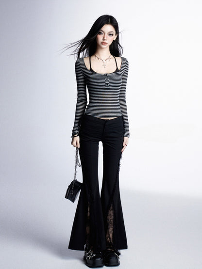 ラウンドネックのヴィンテージブラック＆グレーストライプ柄トップス