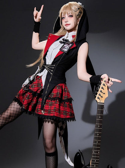 Plaid Lolita Skirt in Red and Black with Lace Details - Xiong Dou Jiang