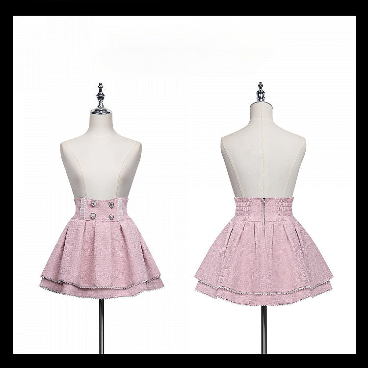 ツイードスカートウエストピンクジライケイハートラインストーンハイ