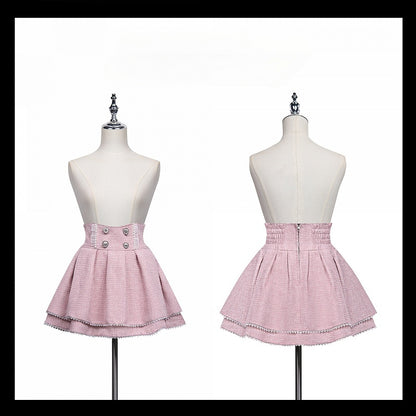 ツイードスカートウエストピンクジライケイハートラインストーンハイ