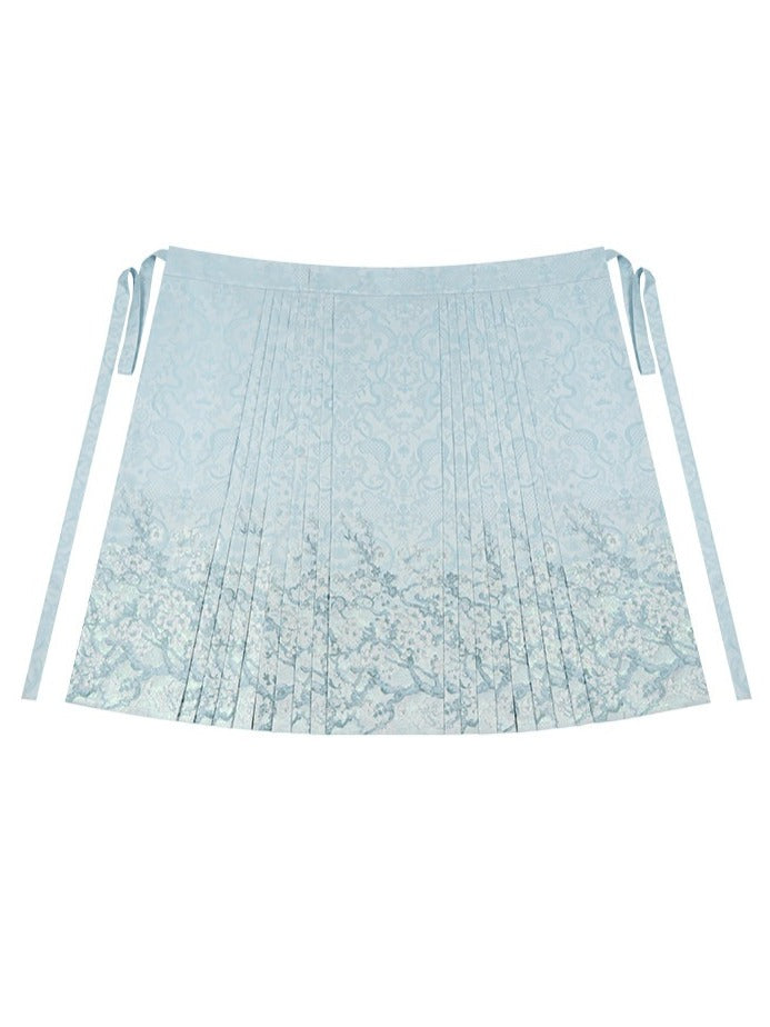 Mint Green Long Mamian Skirt with Floral Pattern Details - Yimu Walnut