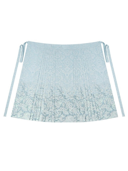 Mint Green Long Mamian Skirt with Floral Pattern Details - Yimu Walnut