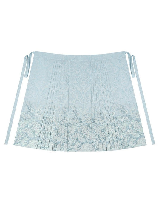 Mint Green Long Mamian Skirt with Floral Pattern Details - Yimu Walnut