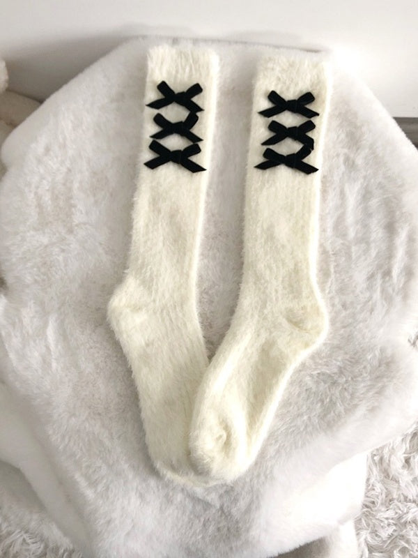 Socks Calf Decorations Yellow/Black/Pink with Bow Creamy Plush Warm
