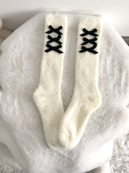 Socks Calf Decorations Yellow/Black/Pink with Bow Creamy Plush Warm