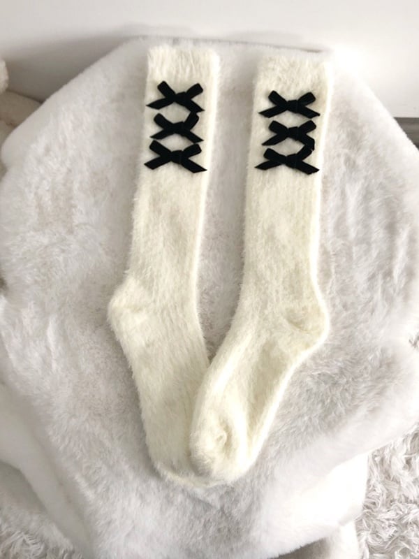 with Creamy Socks Plush Decorations Bow Calf Warm Yellow/Black/Pink
