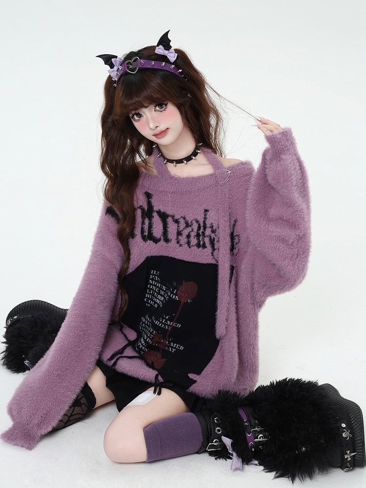 Black/Wine Red/Purple Letter Graphic Halter Neck Loose Sweater