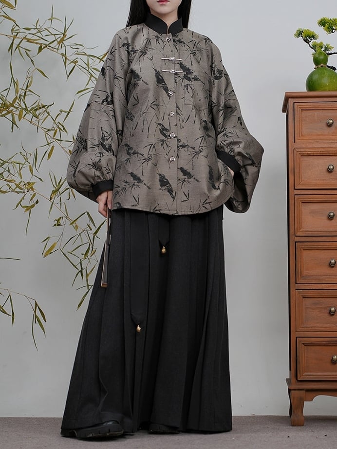 Banded Unisex with Blouse Sleeves Bamboo Pipa Grey Print Style Chinese Collar -