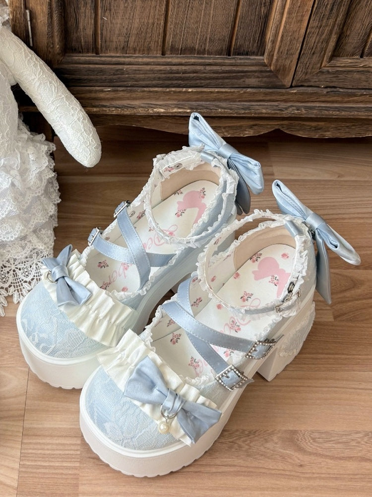 High Block Fastener Ornate Heels Crystal Baby Blue Lolita Sweet -