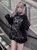 Loose Jirai-Kei Long-Sleeve Tee with Anime Girl Print & Bows in Black Purple - Puzzles