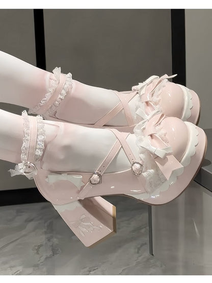 Lolita Platform Sweet Crisscross Heels Design Block High - Pink