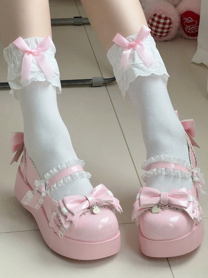 White Pink/White/Red/Black With Bowknots Lolita Calf Socks