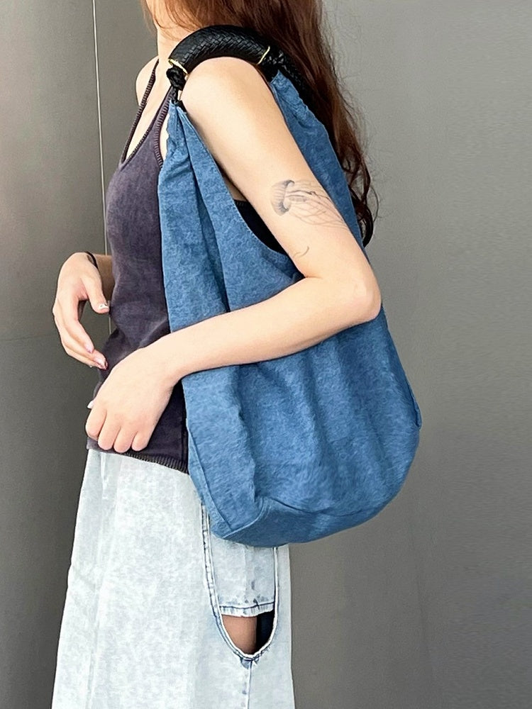Denim Capacity Tote Shoulder Bag With Adjustable Braided Strap Blue Large