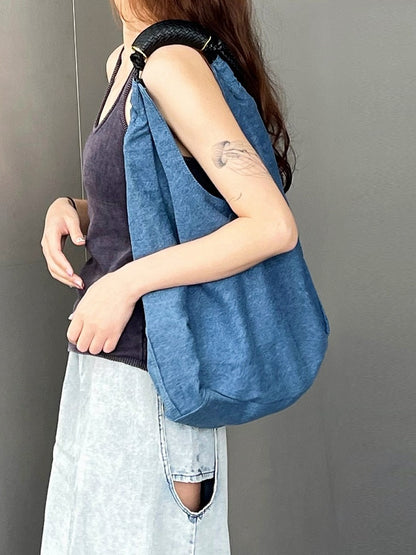 Denim Capacity Tote Shoulder Bag With Adjustable Braided Strap Blue Large