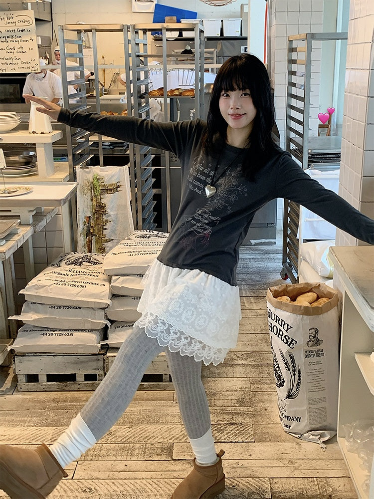 Lace Tiered Hugging Top Print Gray Bear White / with