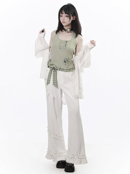 Ruffled Polka Dot Straight-Leg Pants with Plaid Belt - PINK SAVIOR
