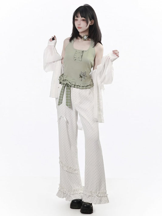 Ruffled Polka Dot Straight-Leg Pants with Plaid Belt - PINK SAVIOR
