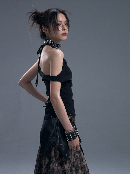 Accents Faux Lace Knit Vest Halter Two-Piece Punk With Black Stud