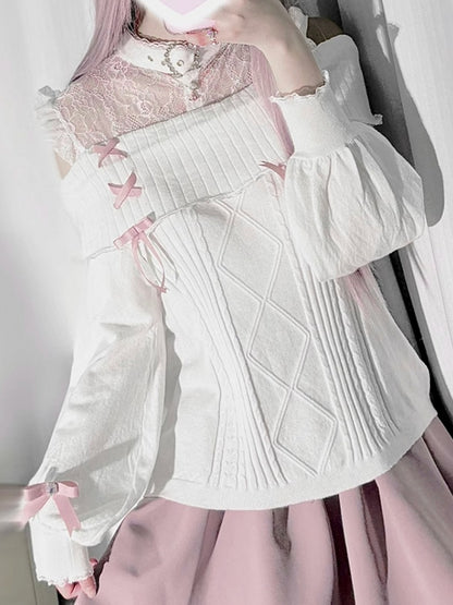 Sweater：Illusion Pink White Jirai Shoulder with Knit Open Buckle Neckline Kei