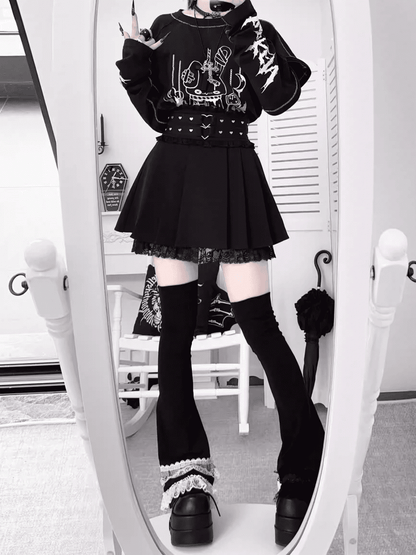 Rabbit with Zippers Top Print Sleeve Black/White Shattered Kei Convertible Jirai