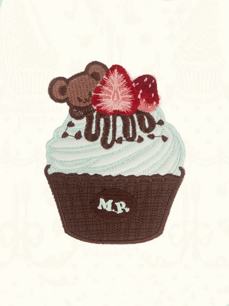 Mint Brown Embroidery Blue Cupcake / Pink Brooch Green