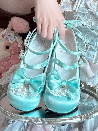 Heel Snap Heart Green Mary Details Lolita Satin - Ornate Grass Bowknot Low with Sweet Janes