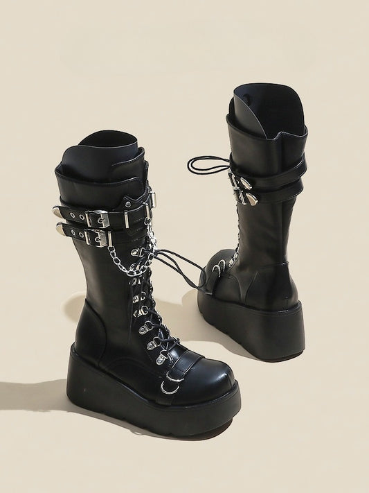 Heart Black Lace-up Mid-Calf Boots Charm Closure Punk with Platform Buckle And - Straps Chain