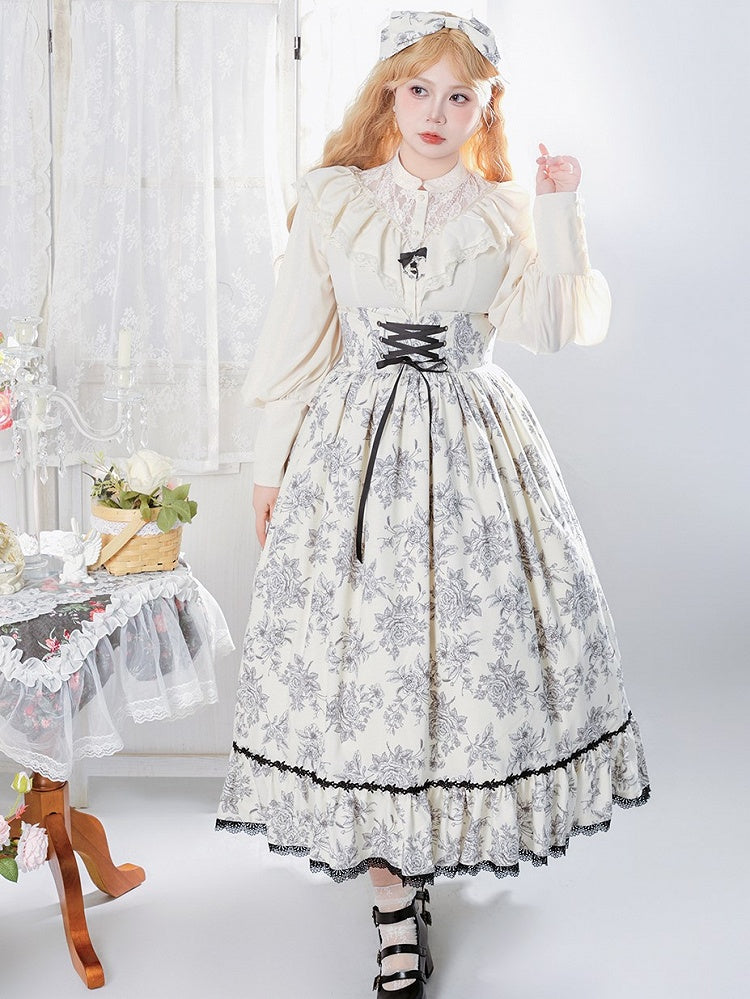 Lace Rosette Print Black Lolita Elegant Waist High with Trim Beige Boned Classic Skirt