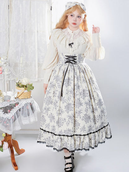 Lace Rosette Print Black Lolita Elegant Waist High with Trim Beige Boned Classic Skirt