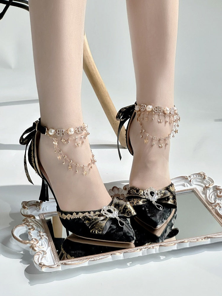 Black Lolita High Heels with Crystal Chain Decor - Miaomiao Just for You