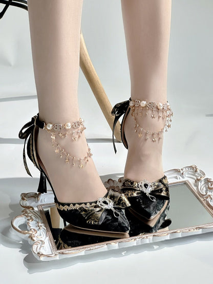 Black Lolita High Heels with Crystal Chain Decor - Miaomiao Just for You