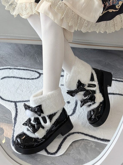 Boots Bow Round-Toe Fleece-Lined Black with Sweet Accents Snow Lolita