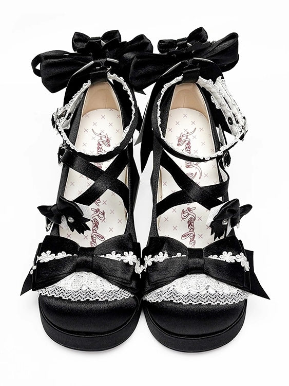 Accents Satin Details Blossom Bow Cherry Lolita Lace Sweet Black - Mary Heel Janes Trim with
