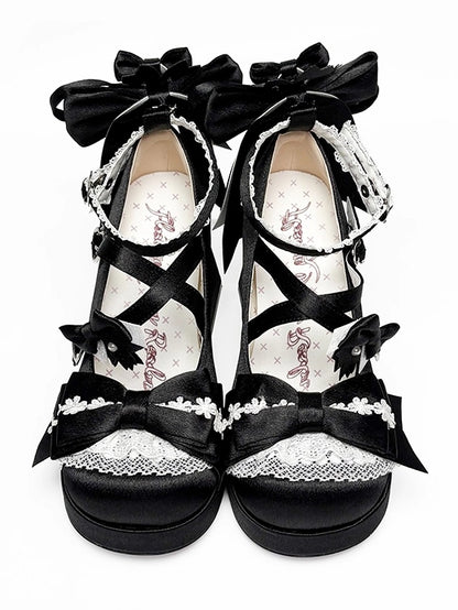 Accents Satin Details Blossom Bow Cherry Lolita Lace Sweet Black - Mary Heel Janes Trim with