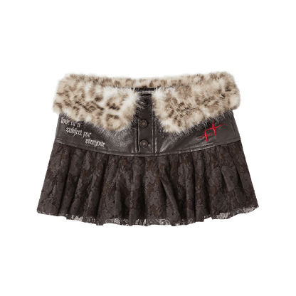 Mini Lace Patches Coffee Plush Leopard Waistline Fashion Glamorous Skirt Millard Hem Gyaru
