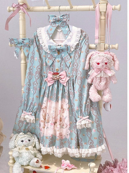 Mint Peter Pan Collar Long-Sleeve Bear Print OP Dress with Sash - Honey Village