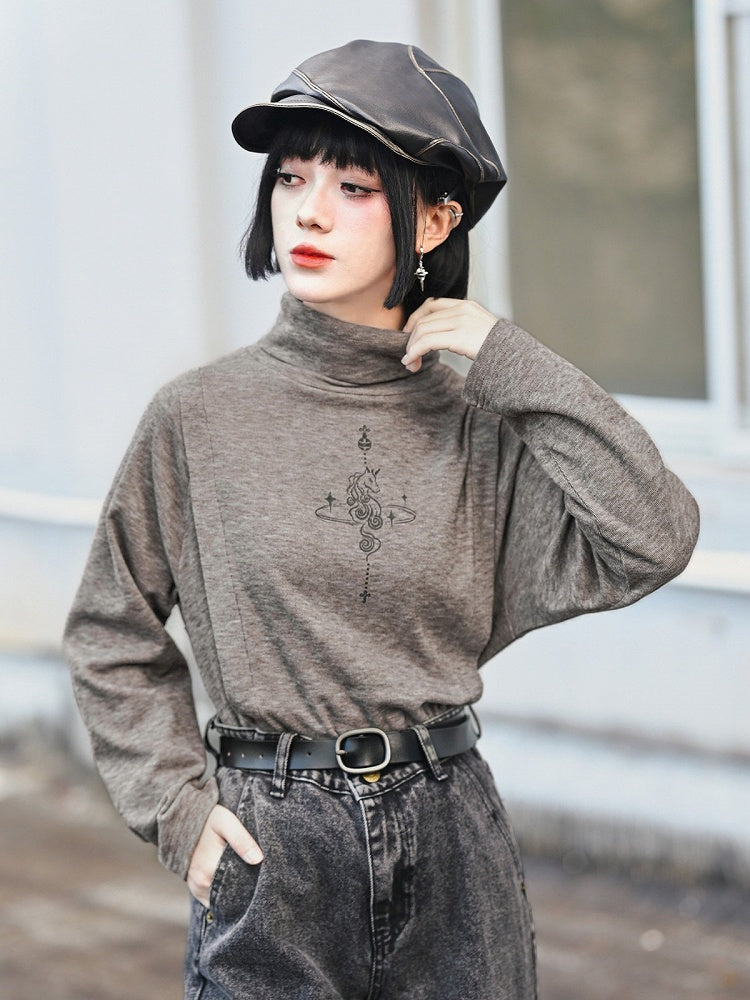 Unicorn Print Brown Turtleneck Long Sleeve Top for Spring Autumn - Quirky Hut