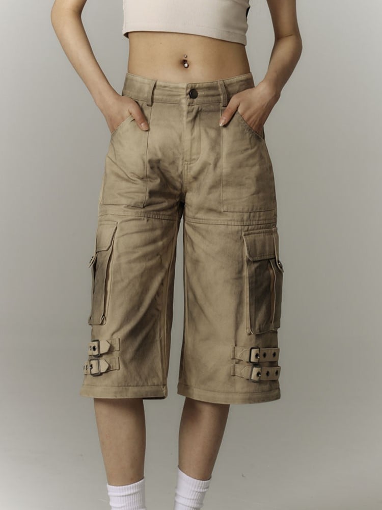 Punk Convertible Cargo Washed Capris Multi-Pockets Fashion Yellow Millard Pants with