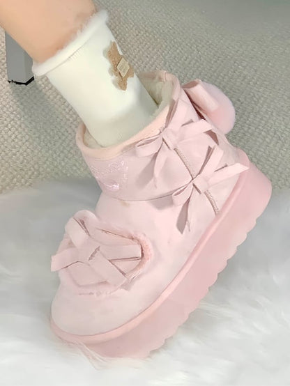 Boots Pompom Decor with Sweet Embroidery Heart Patches Pink Snow Lolita Platform - Donut