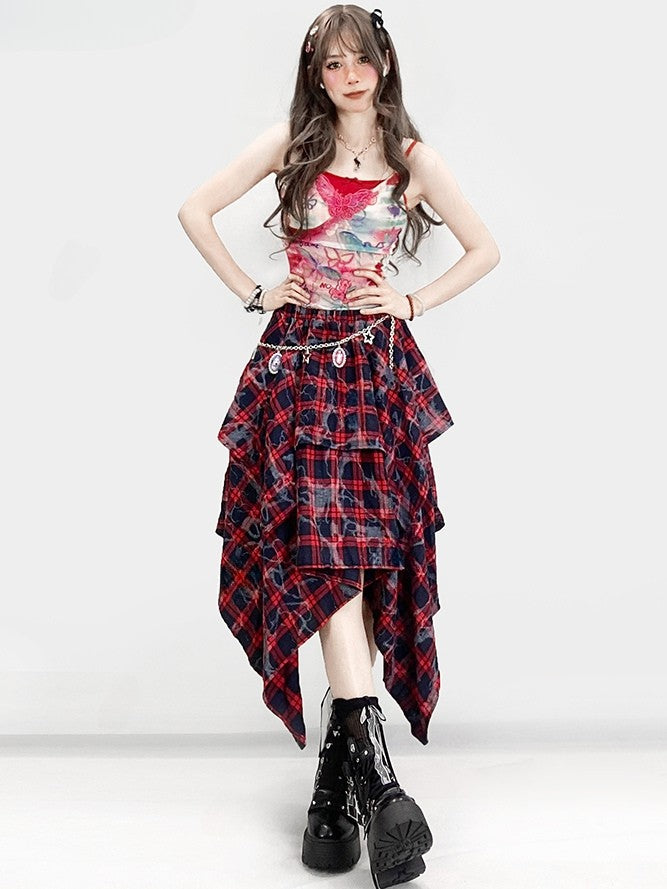 Y2K Hem BlackRed Plaid Pattern Skirt Handkerchief