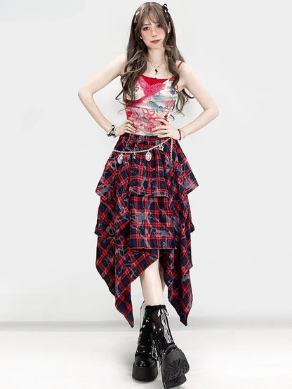 Y2K Hem BlackRed Plaid Pattern Skirt Handkerchief