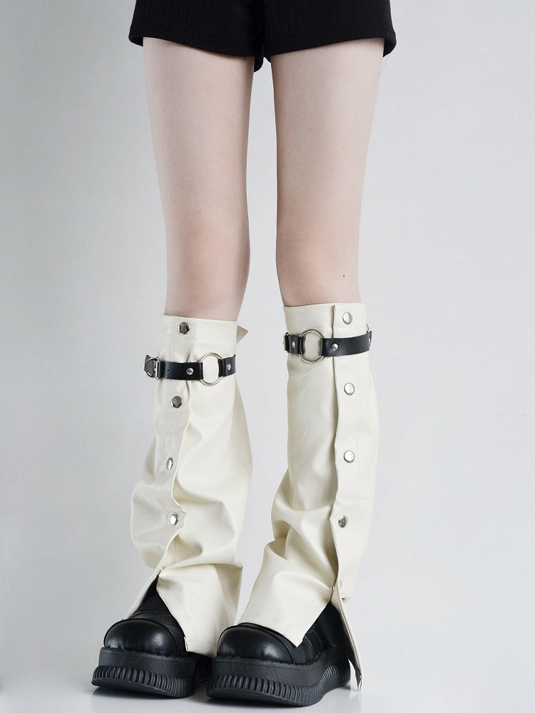 White with Metal Warmers Punk Leather and Leg Creamy Buckles Buttons