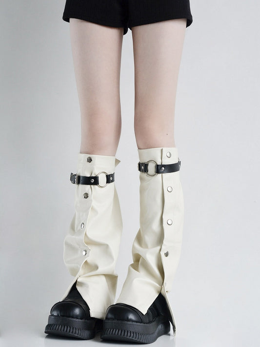 White with Metal Warmers Punk Leather and Leg Creamy Buckles Buttons