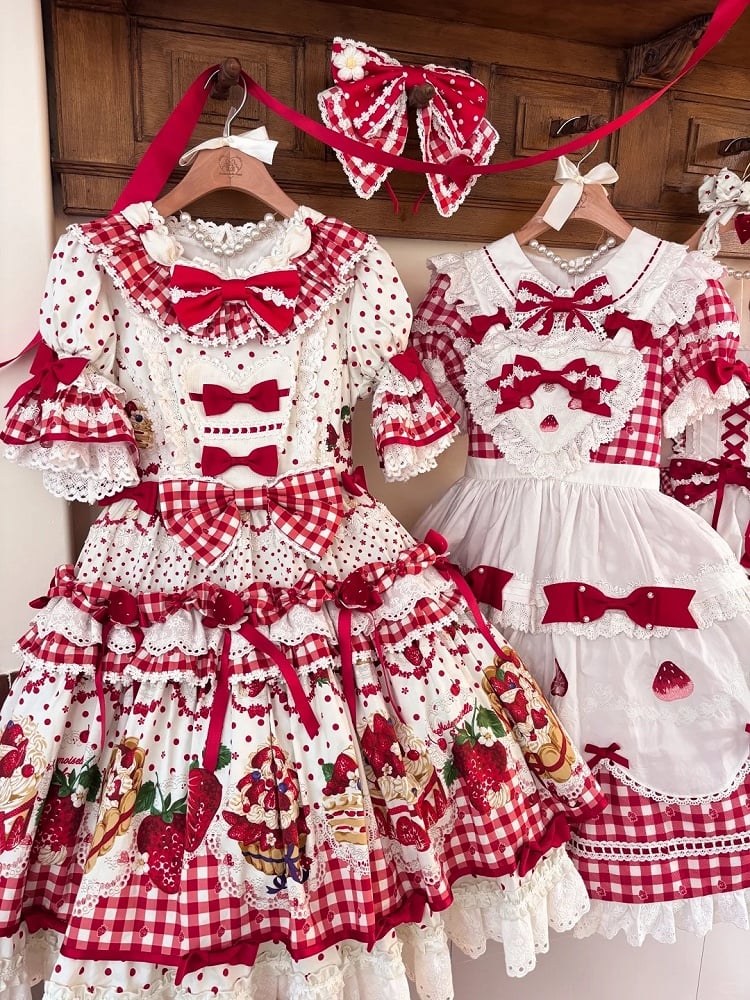 Puff Ruffle Sweet Dress Strawberry Lolita White Sleeves with Hem Red Cake Print